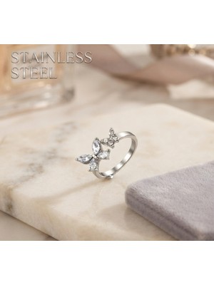Stainless Steel Pirinç Gümüş Renk Kararmaz Kaplama Zirkon Taşlı Ayarlanabilir Kelebek Model Yüzük