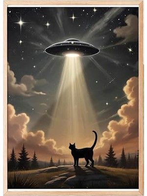 Trendexa Zestia Ahşap Çerçeveli Tablo; Kedi ve Ufo, Işık Hüzmesiyle Kaçırılma Teması Poster No: 107534 50 x 70
