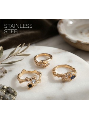 Stainless Steel Pirinç Gold Renk Asimetrik Ayarlanabilir 3'lü Tasarım Yüzük Set