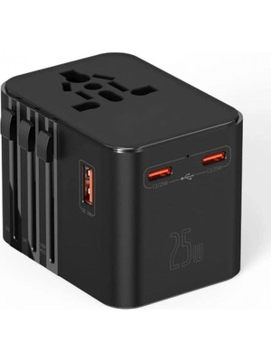 Marsilyan™- 25W Evrensel Seyahat Adaptörü, Eu/us/uk/au Priz Dönüştürücü, 1x Usb, 2x Type-C Hızlı Şarj