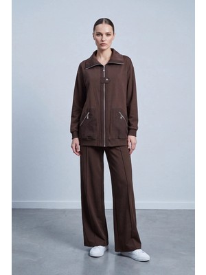 Puane Ön Pat Detaylı Fermuarlı Pantolonlu Takım 14523 Browni