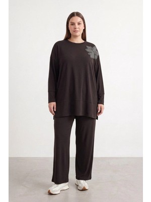 Puane Omuz Çiçek Desen Büyük Beden Pantolonlu Takım 19287 Brown