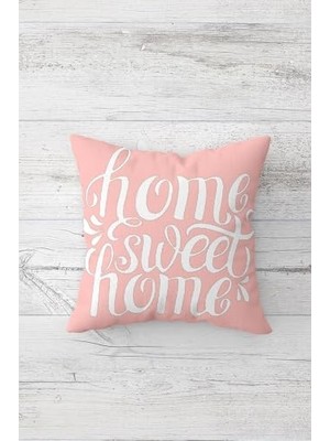 Trendexa Yastık; Pelangi Pembe Home Sweet Home Yazılı Çift Tarafı Baskılı Gizli Fermuarlı Kılıfı Kırlent Yastık Kılıfı, Pudra 45 x 45