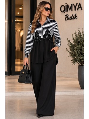 Qimya Butik Buketli Kadın Robası Güpür Detaylı Uzun Kol Çizgili Gömlekli Pantolonlu Alt Üst Ikili Takım