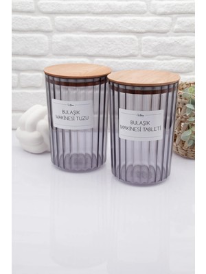 St. Morritz Ahşap Kapaklı Füme Oval Çizgili Bulaşık Makinesi Tableti & Bulaşık Makinesi Tuzu Kavanozu 2200ML