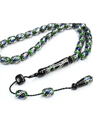 Blackcraft Oltu Taşı ve Yeşil Galalith  Çift Çeşmi Işlemeli Tespih