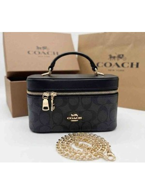 Coach Kadın Siyah Monogram Desenli Mini Makyaj & Omuz Çantası (19X11 Cm)