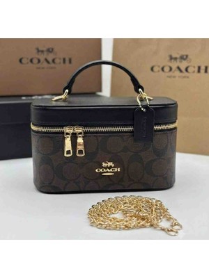 Coach Kadın Siyah Monogram Desenli Mini Makyaj & Omuz Çantası (19X11 Cm)
