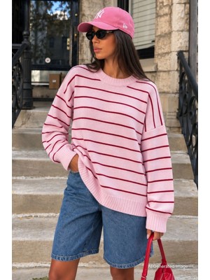 Madmext Pembe Çizgili Kadın Triko Kazak MG1262