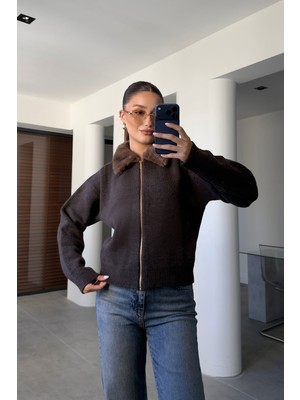 Magarde Collared Peluş Yaka Triko Hırka- Kahverengi