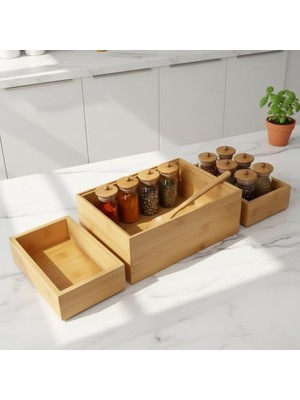Trendexa 3'lü Modüler Bambu Organizer Set - Üst Üste Geçebilen Çok Amaçlı Çekmece Içi ve Masaüstü Düzenleyici Kutu - Ahşap