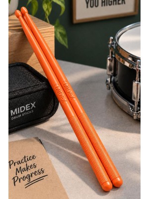 Midex GFK-801OR 5A Bateri Baget Kırılmaz Polyemid Turuncu Renk Davul Bageti 5A Drumsticks