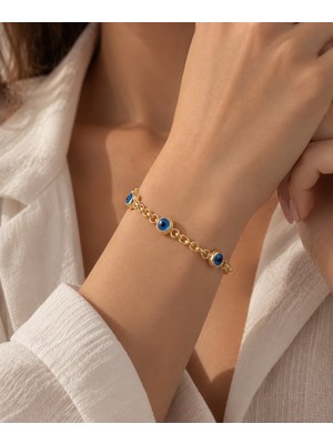 Alyans Model Mavi Nazar Boncuklu Gold Bileklik – Kalın Zincir Tasarım 💙