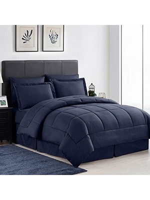 Trendexa 2 Yastık Kılıfı, 2 Yastık Kılıfı ve Yatak Eteği Dört Mevsim Sıcaklık, Ince Çift Fırçalı MIKROFIBER/%100 Fiber Dolgu, Yunan Anahtar Lacivert, Kraliçe