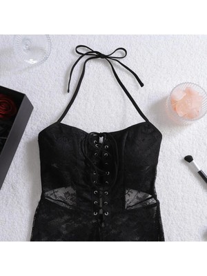 Midnight Lace Siyah Transparan Dantel Tulum Tangalı Halter Yaka Cut Out Detaylı
