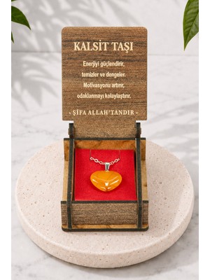İhvan Online Kalsit Taşı Kalp Kolye - Ahşap Kutulu Hediyelik