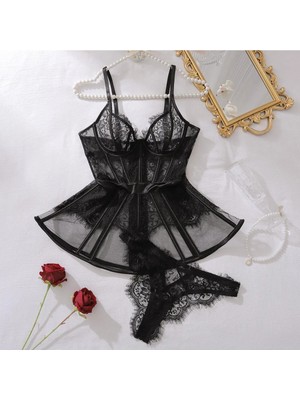 Siyah Dantel Transparan Korse Balen Detaylı Babydoll Iç Çamaşırı