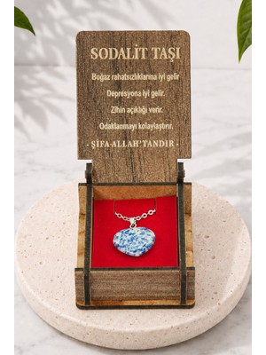 İhvan Online Sodalit Taşı Kalp Kolye - Ahşap Kutulu Hediyelik