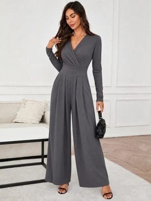 Meride Fashion Kadın Uzun Kollu Kruvaze Önden Pileli Yakalı Uzun Janjan TULUM-87319 Gri