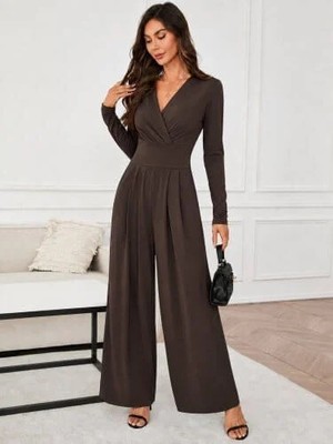 Meride Fashion Kadın Uzun Kollu Kruvaze Önden Pileli Yakalı Uzun Janjan TULUM-87319 Kahverengi - 2xl/3xl