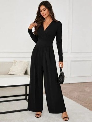 Meride Fashion Kadın Uzun Kollu Kruvaze Önden Pileli Yakalı Uzun Janjan TULUM-87319 Siyah