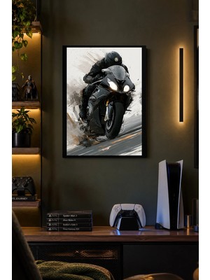 Onyx Lab Onyxlab Siyah Sportif Motosiklet Desenli Dekoratif Mdf Tablo, Çerçeve Görünümlü Ahşap Poster