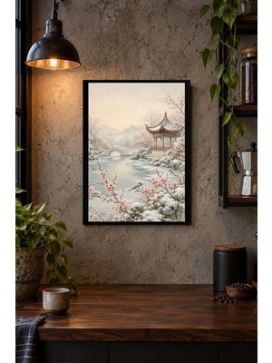 Onyx Lab Onyxlab Kış Bahçesi ve Pagoda Desenli Dekoratif Mdf Tablo, Çerçeve Görünümlü Ahşap Poster