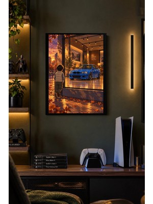 Onyx Lab Onyxlab Mavi Otomobil ve Çocuk Desenli Dekoratif Mdf Tablo, Çerçeve Görünümlü Ahşap Poster