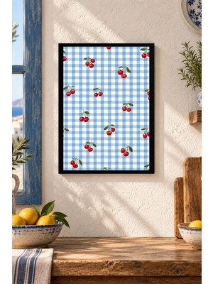 Onyx Lab Onyxlab Kareli Zeminde Kirazlar Desenli Dekoratif Mdf Tablo, Çerçeve Görünümlü Ahşap Poster