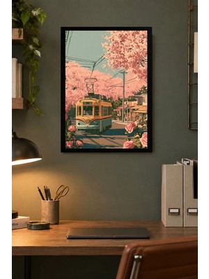 Onyx Lab Onyxlab Çiçekli Sokakta Tramvay Desenli Dekoratif Mdf Tablo, Çerçeve Görünümlü Ahşap Poster
