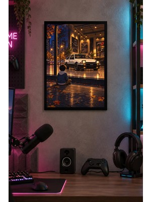 Onyx Lab Onyxlab Beyaz Otomobil ve Çocuk Desenli Dekoratif Mdf Tablo, Çerçeve Görünümlü Ahşap Poster