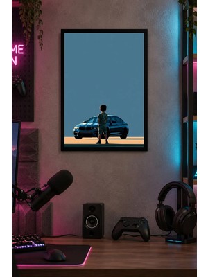 Onyx Lab Onyxlab Mavi Otomobil ve Minimal Figür Desenli Dekoratif Mdf Tablo, Çerçeve Görünümlü Ahşap Poster