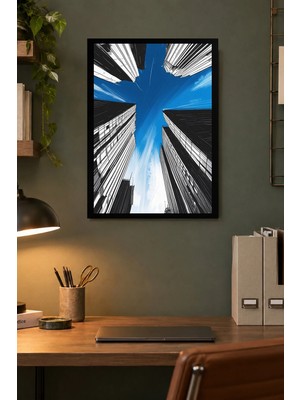 Onyx Lab Onyxlab Gökdelenler Arasında Mavi Gökyüzü Desenli Dekoratif Mdf Tablo, Çerçeve Görünümlü Ahşap Poster