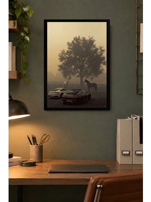 Onyx Lab Onyxlab Sisli Ağaç ve Otomobiller Desenli Dekoratif Mdf Tablo, Çerçeve Görünümlü Ahşap Poster