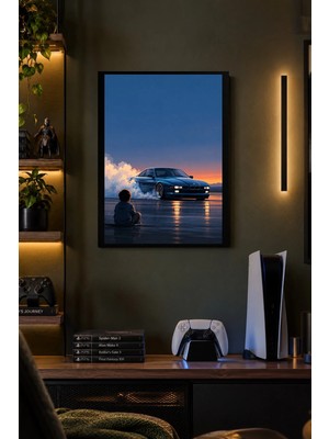 Onyx Lab Onyxlab Mavi Otomobil ve Gün Batımı Desenli Dekoratif Mdf Tablo, Çerçeve Görünümlü Ahşap Poster