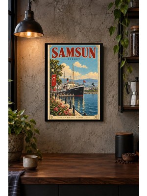 Onyx Lab Onyxlab Liman ve Gemi Illüstrasyonu Desenli Dekoratif Mdf Tablo, Çerçeve Görünümlü Ahşap Poster