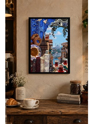 Onyx Lab Onyxlab Mavi Çini ve Su Kenarı Kolajı Desenli Dekoratif Mdf Tablo, Çerçeve Görünümlü Ahşap Poster