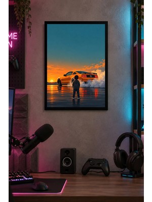 Onyx Lab Onyxlab Turuncu Otomobil ve Figür Desenli Dekoratif Mdf Tablo, Çerçeve Görünümlü Ahşap Poster