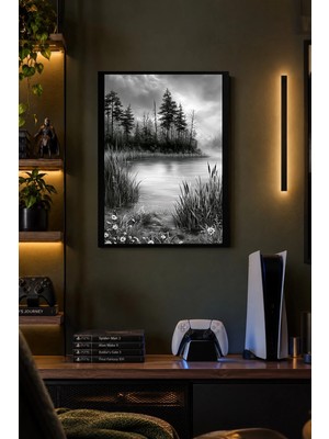 Onyx Lab Onyxlab Siyah Beyaz Göl ve Orman Desenli Dekoratif Mdf Tablo, Çerçeve Görünümlü Ahşap Poster
