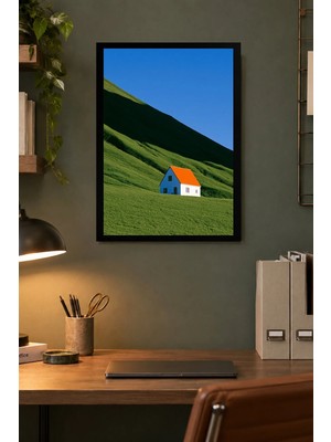 Onyx Lab Onyxlab Yeşil Tepede Ev Desenli Dekoratif Mdf Tablo, Çerçeve Görünümlü Ahşap Poster