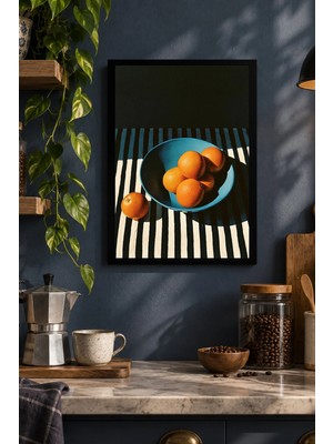 Onyx Lab Onyxlab Turuncu Meyveler ve Mavi Kase Desenli Dekoratif Mdf Tablo, Çerçeve Görünümlü Ahşap Poster