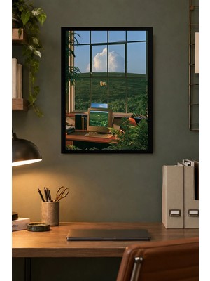 Onyx Lab Onyxlab Pencereden Yeşil Manzara Desenli Dekoratif Mdf Tablo, Çerçeve Görünümlü Ahşap Poster