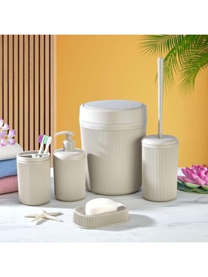 Trendexa 5 Parça Lüks Plastik Banyo Seti, Çöp Kovası, Diş Fırçalık, Sıvı ve Katı Sabunluk, Antibakteriyel Fırça, Bej