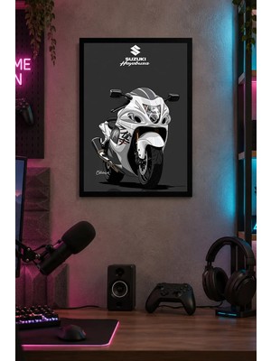 Onyx Lab Onyxlab Beyaz Siyah Spor Motosikleti Desenli Dekoratif Mdf Tablo, Çerçeve Görünümlü Ahşap Poster