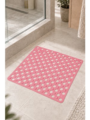 Renkliürün Kare Ayak Temizleme Matı Kabartma Silikon Kaydırmaz Taban Duşakabin ve Banyo Matı (Pembe)(50x50)
