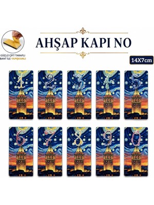 Upeka Van Gogh Galata Kule Temalı Yapışkanlı Özel Dekoratif Ahşap Kapı Numaralar
