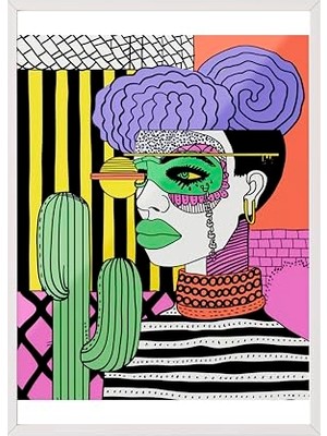 Trendexa Beyaz Çerçeveli Tablo, Kadın Portresi, Kaktüsler ve Geometri, Dijital Pop Art Poster No: 106585 50 x 70