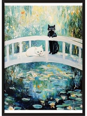 Trendexa Siyah Çerçeveli Tablo, Kedi ve Monet Tarzı Köprü, Empresyonist Stil Poster No: 107413 15 x 21