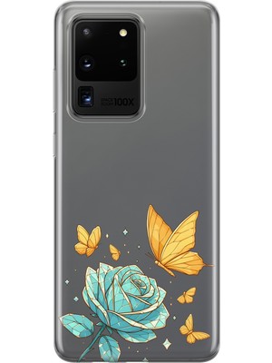LOTUS GOLD Samsung Galaxy S20 Ultra Uyumlu Gül ve Kelebek Desenli Şeffaf Telefon Kılıfı