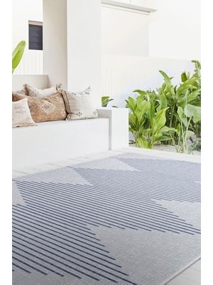 Trendexa Ekru Lacivert Iskandinav Jüt Yıkanabilir Halı Kilim Balkon Teras Salon Koridor Halısı 22835A 50 x 80